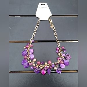 NWT Carol Dauplaise Gold Coloured Necklace, Dangling Purple Stones, 18-2…